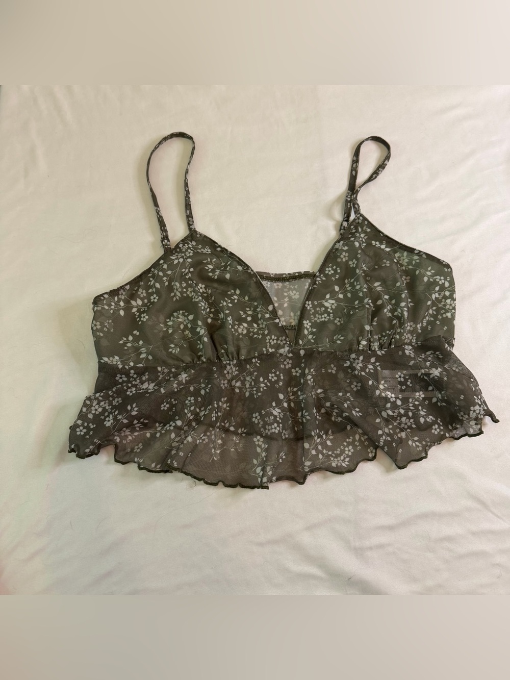 Cider Floral Mesh Ruffle Cami XL Green Sheer‎ Babydoll Crop Top Cottagecore